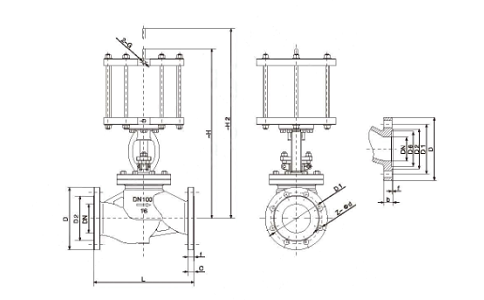 氣動法蘭截止閥J641-16C尺寸圖結構圖解