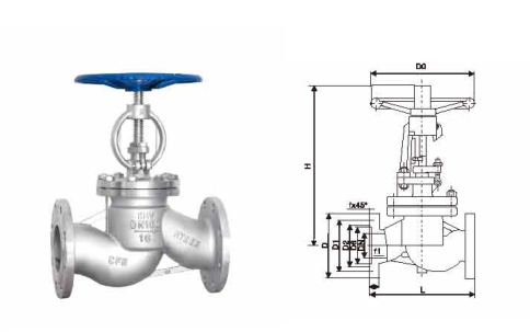不銹鋼法蘭截止閥J41W-16P尺寸表結構示意圖